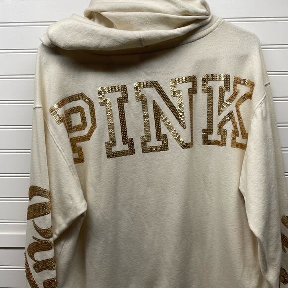 PINK Victoria’s Secret Oversized Cream Hoodie w/Gold Sequence Branding Size M - Picture 1 of 13